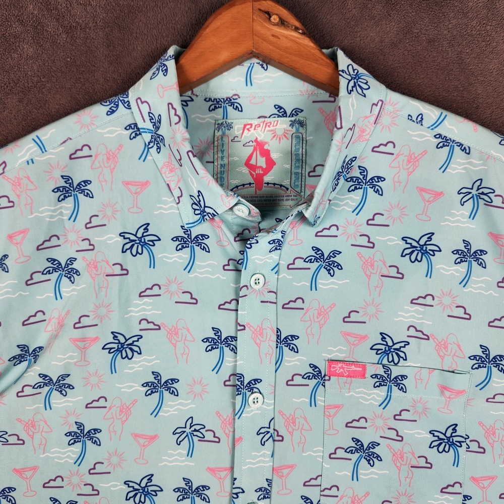 Retro Rifle Live‎ Nudes Mint Shirt Mens XL Blue Tropical Novelty Stretch Button